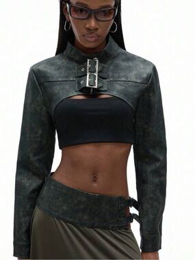 Womanβs Cropped Faux Leather Buckle Jacket, Army Green, Size S